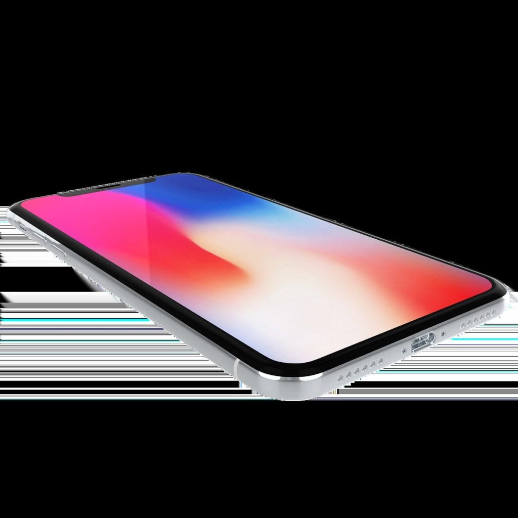 Smartphone iPhone sur fond blanc, écran coloré allumé