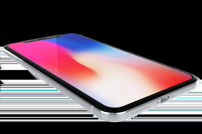 Smartphone iPhone sur fond blanc, écran coloré allumé