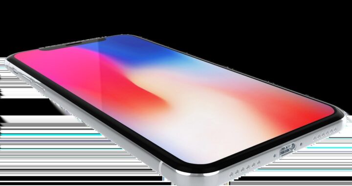 Smartphone iPhone sur fond blanc, écran coloré allumé